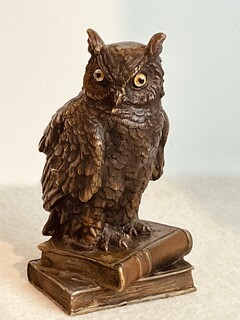 A Cold Painted Bronze ' Owl on Books' By Franz Bergman. Autria, Vienna. Ca 1900. Signed ' B ' in Urn.