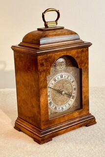 An English Antique Miniature Bracket Clock by ' Elliott' of London in Burr Walnut. Retailed by ' Garrard'.  8- Day Movement.