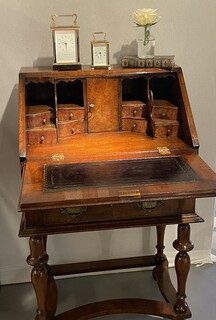 An English Antique Small Burr Walnut Bureau.