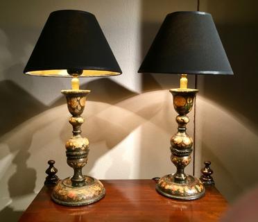 An Rare Pair of Kashmiri Hand Painted Lamp Stands.