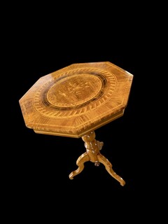  A 19th century Sorrento marquetry occasional table with an octagonal top, exceptional geometric marquetry, probably depicting two songbirds on a flowering branch, Italy.