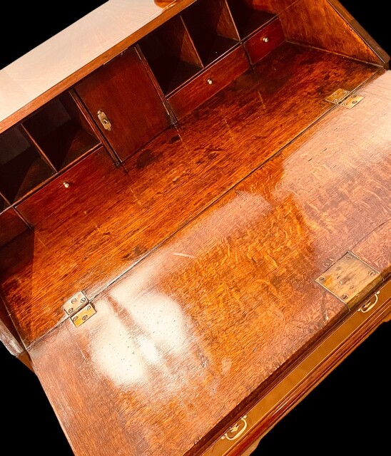 A Beautiful English 18th Century Mahogany Bureau having Satinwood Inlay.