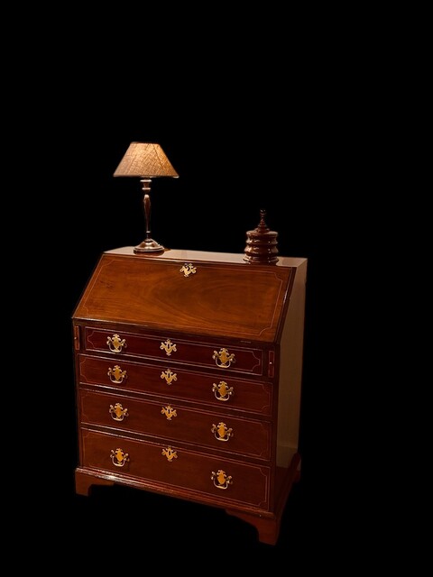 A Beautiful English 18th Century Mahogany Bureau having Satinwood Inlay.