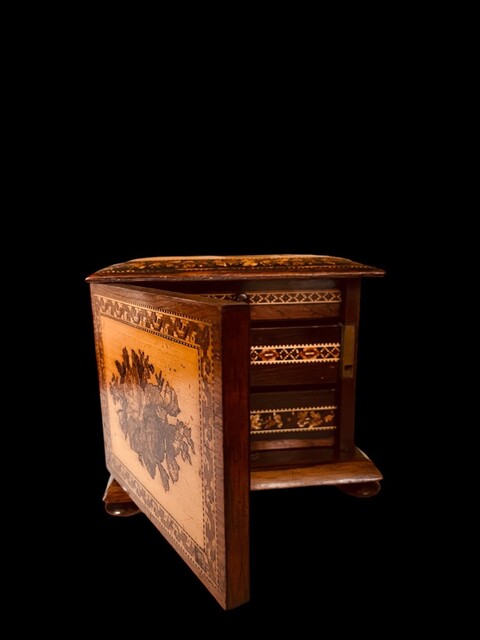 An English 19th Century Bird Eye Maple ' Tunbridge Ware ' Cabinet. Ca 1870.