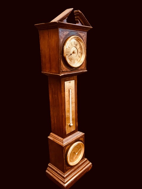 An English Edwardian Miniature Grandfather Clock having a Thermometer and Barometer.