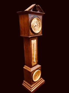 An English Edwardian Miniature Grandfather Clock having a Thermometer and Barometer.