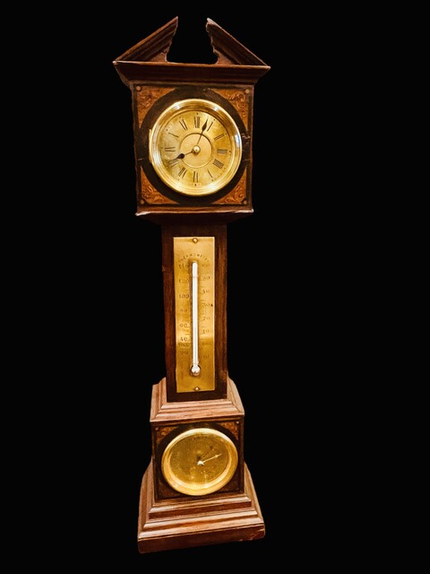 An English Edwardian Miniature Grandfather Clock having a Thermometer and Barometer.