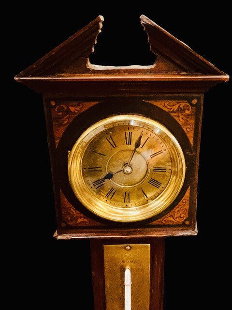 An English Edwardian Miniature Grandfather Clock having a Thermometer and Barometer.