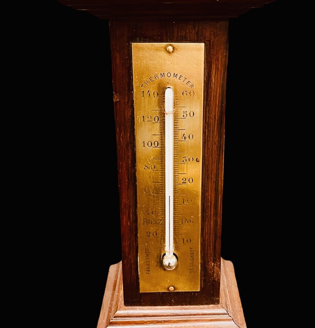 An English Edwardian Miniature Grandfather Clock having a Thermometer and Barometer.