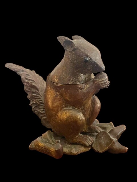 An English End 19th Century Cast Bronz Inkwell in the Form of a Squirrel with Nut.