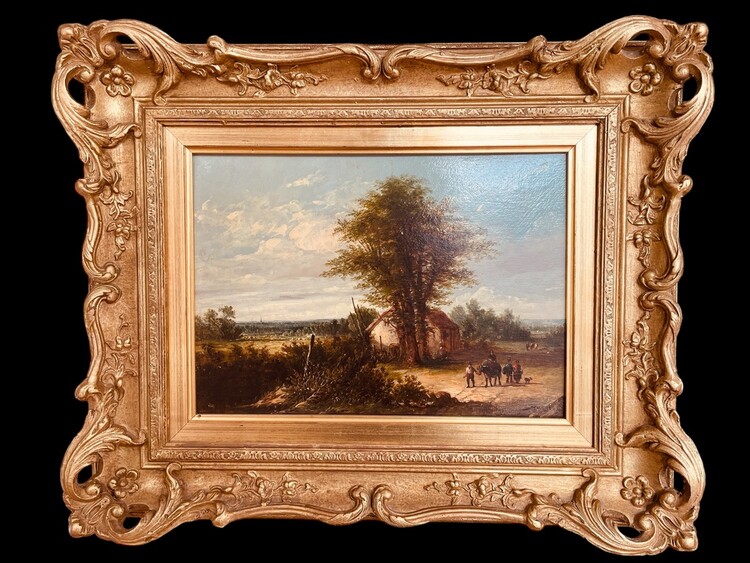 English School, 19th Century, Landscape with Figures and their Animals, Oil on Panel