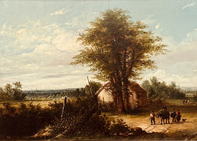 English School, 19th Century, Landscape with Figures and their Animals, Oil on Panel